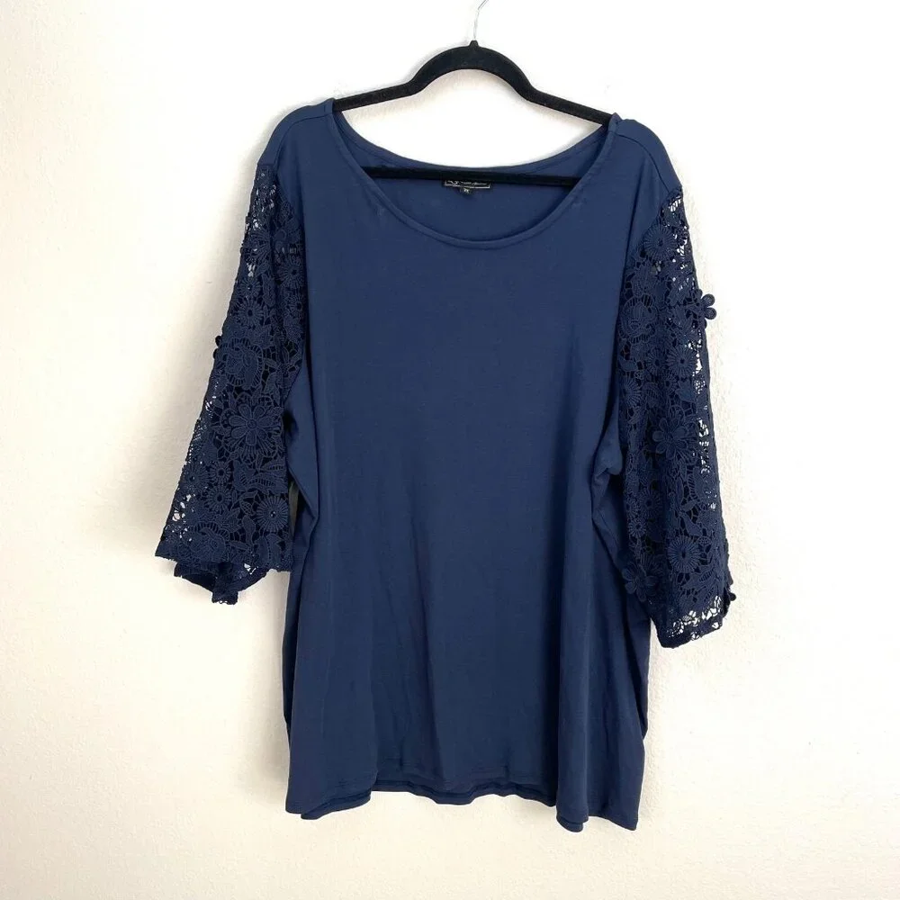 Dg2 Diane Gilman Womens Plus 3X‎ Navy Crochet Sleeve Tunic Top Shirt